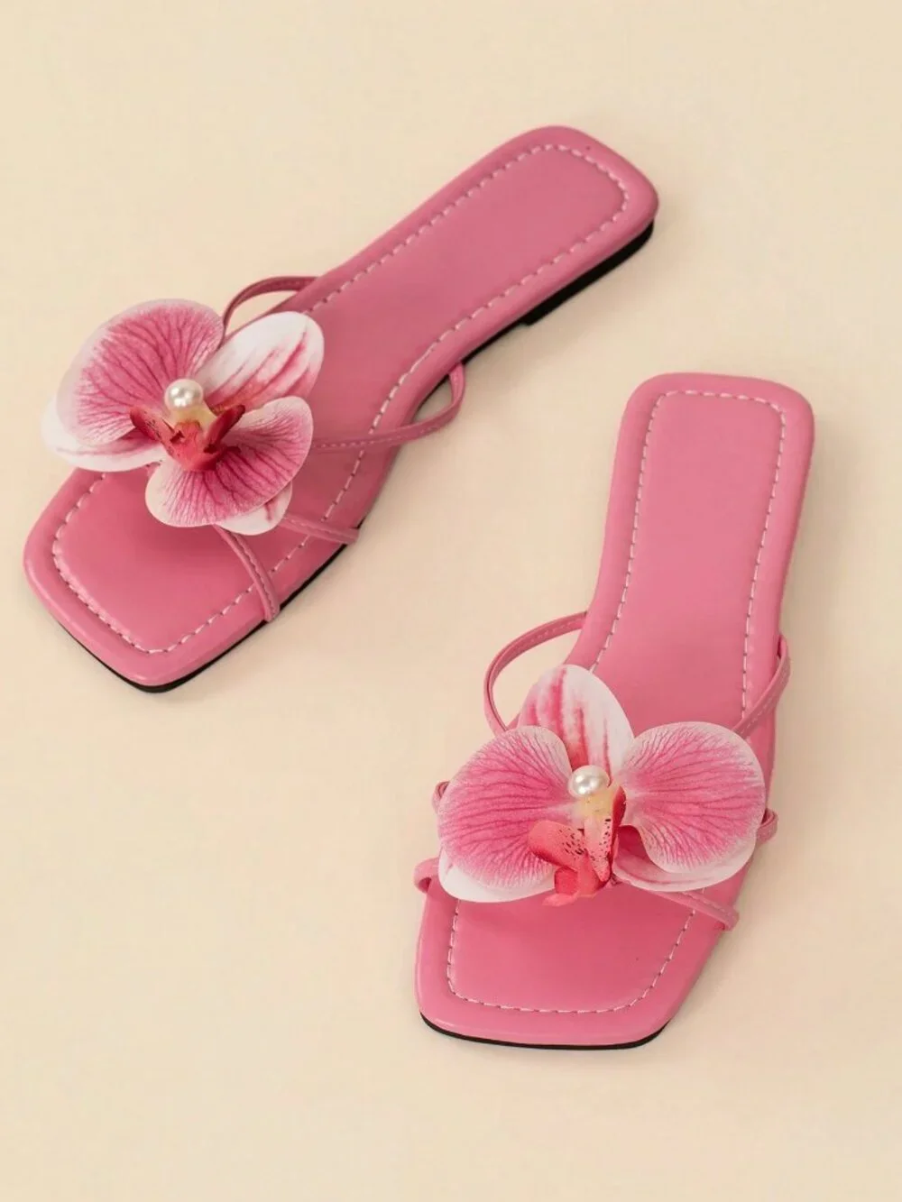 Baby Pink Bohemian Women's Orchid Flower Decor Flat Slide Sandals